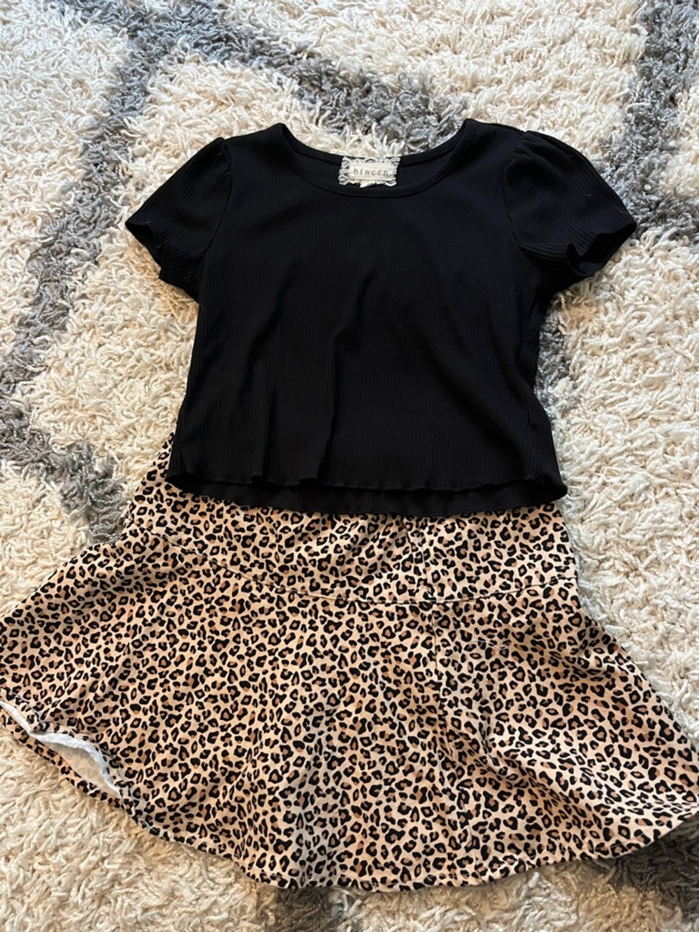 btween Black Top with Leopard Print Skirt Matching Set